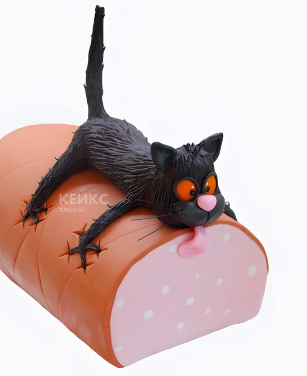 Торт в виде колбасы с черным котом Фото