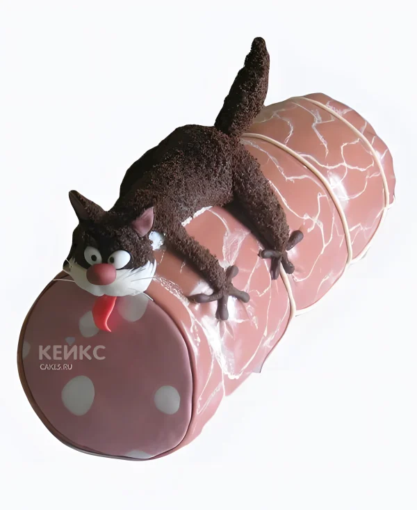 Торт в виде вареной колбасы с котом Фото