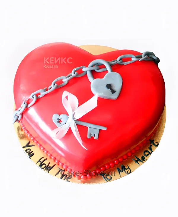 Торт красное сердце с замком и ключиком Фото