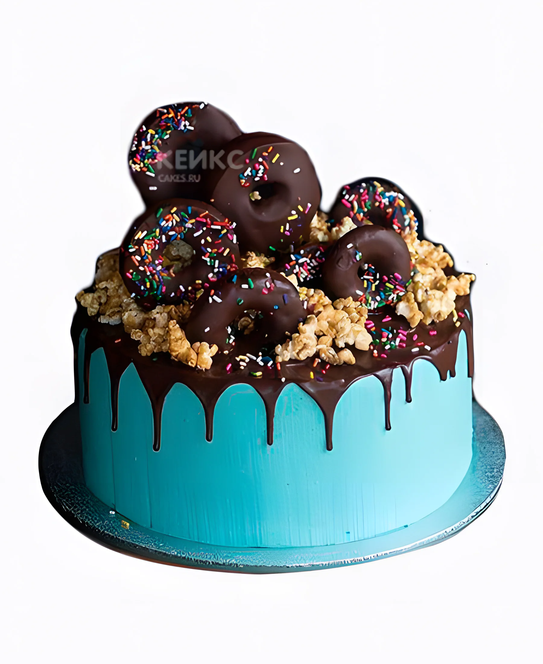 Торт голубой с шоколадными пончиками Фото