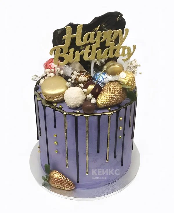 Серый торт с золотыми украшениями Фото