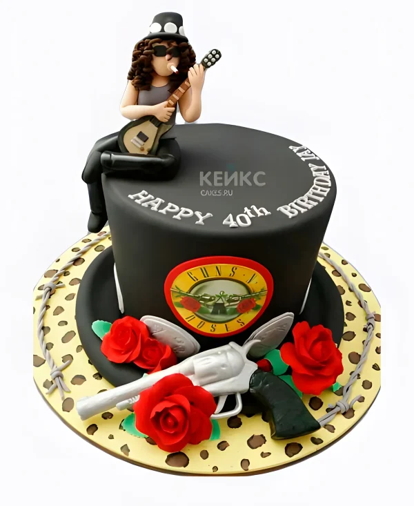 Торт музыканту в черном цвете с пистолетами и розами Фото