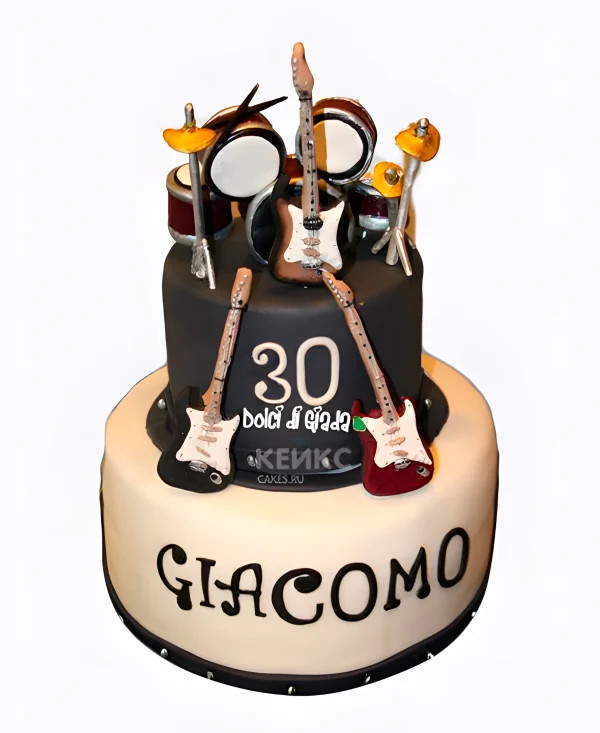 Эффектный торт музыканту с гитарой и барабанами Фото