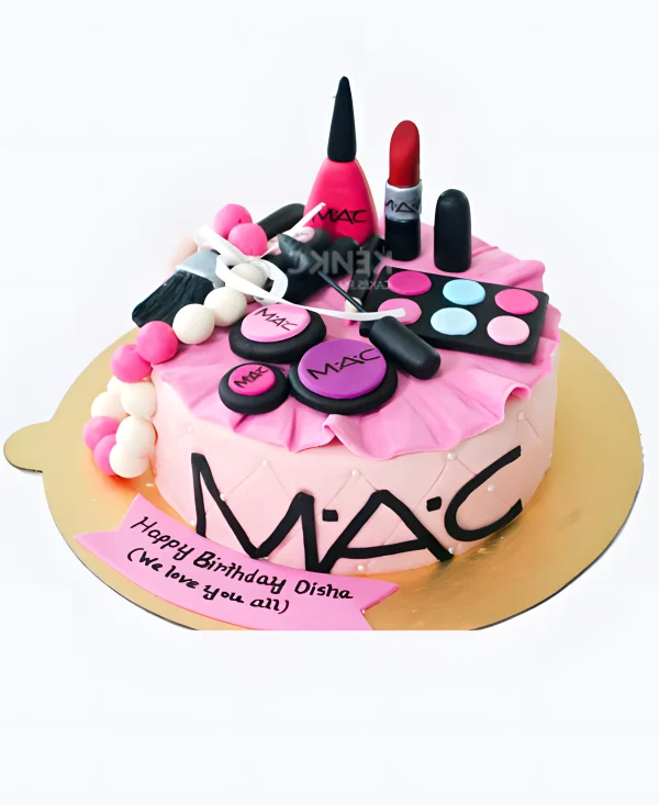 Розовый торт с косметикой MAC Фото