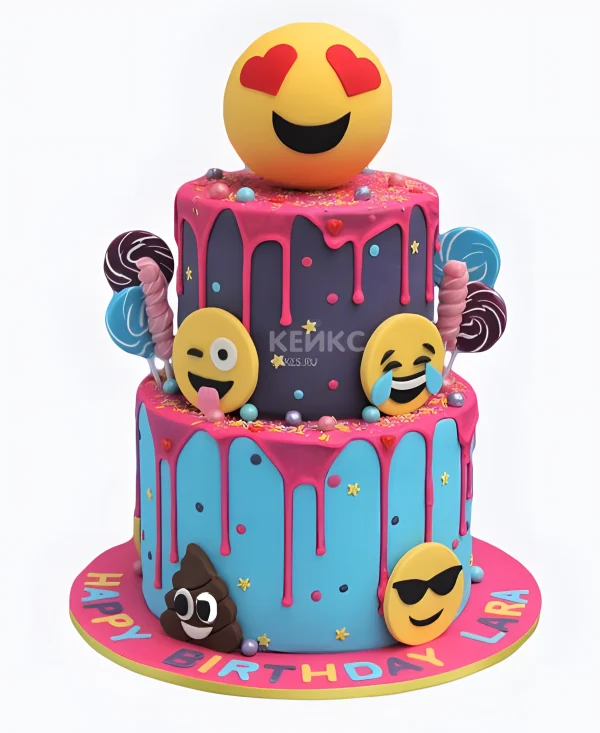 Торт с розовыми потеками, смайлами и конфетами Фото
