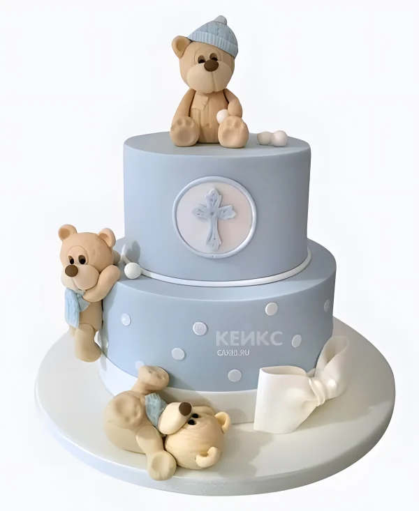 Торт голубой с медведями и бантом Фото