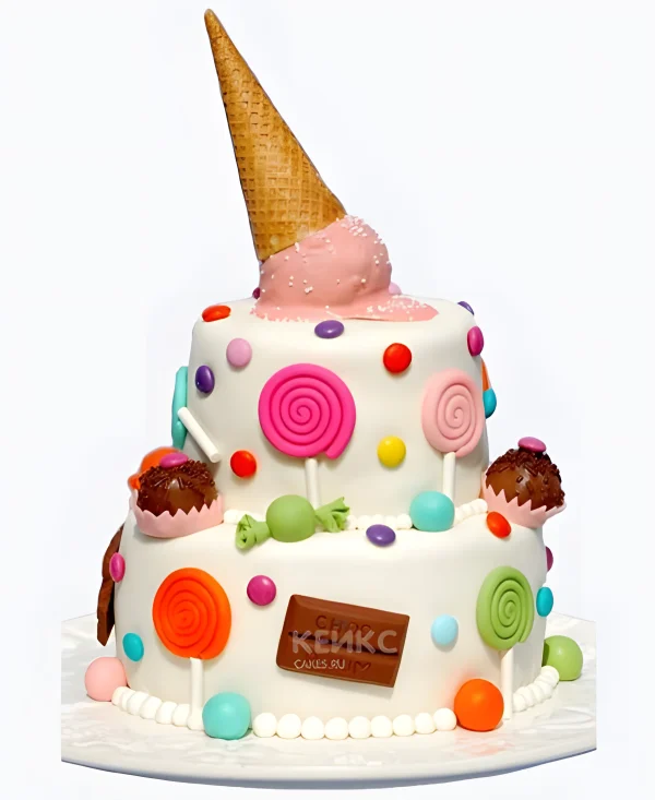 Торт со сладостями и перевернутым мороженным Фото