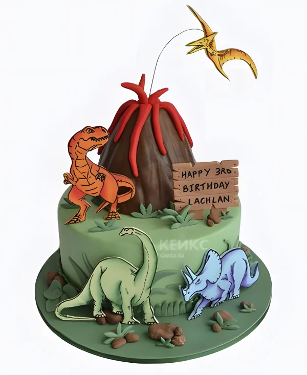 Торт с динозаврами на вулкане Фото