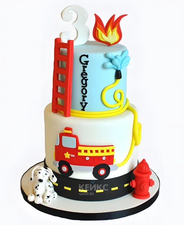 Торт с пожарной лестницей и машиной Фото