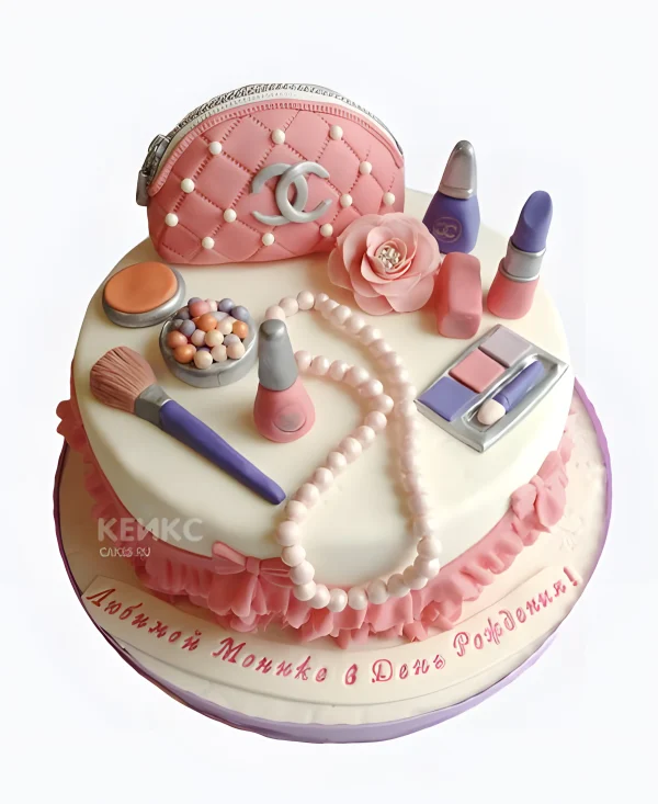 Торт с косметичкой и жемчужным колье Фото