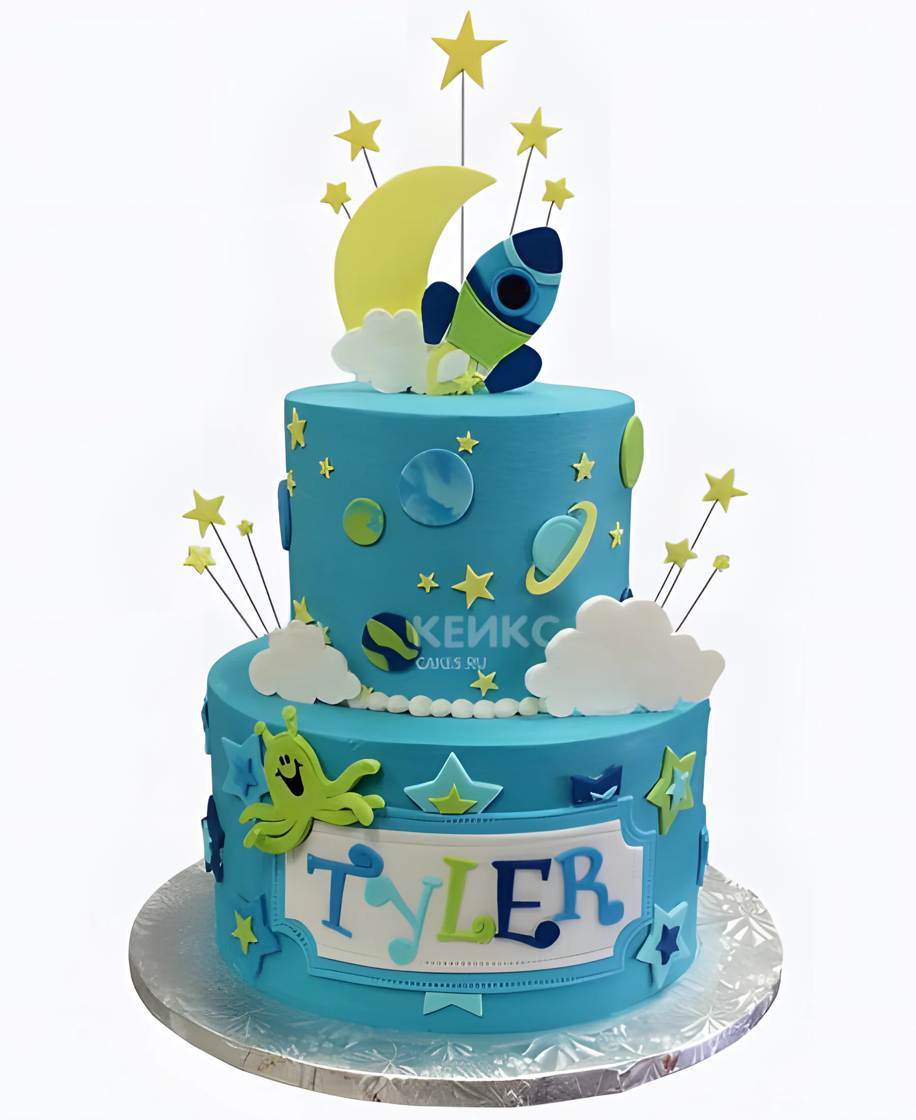 Голубой торт с ракетой на день рождения мальчику Фото