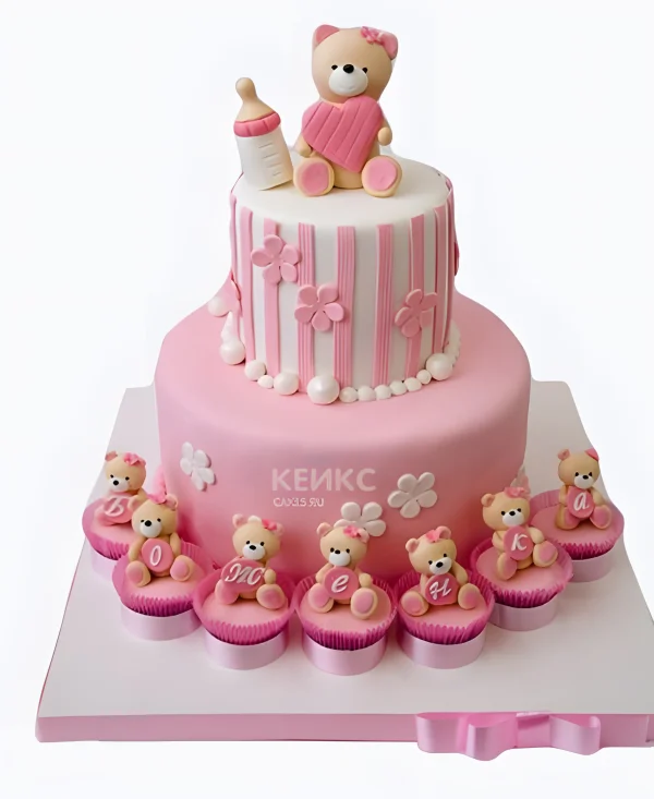 Торт розовый с мишками и бутылочкой Фото