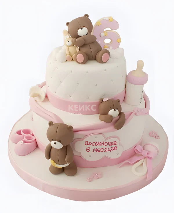Торт с мишками и бутылочкой в розовых тонах Фото