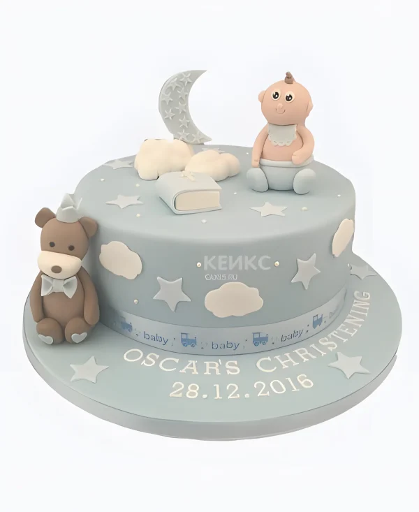 Торт голубой с месяцем и мишкой Фото