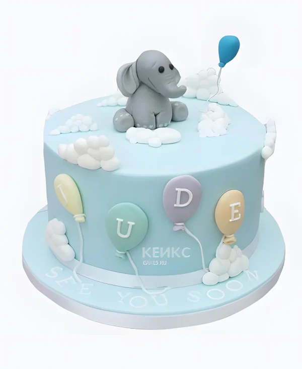 Торт голубой со слоном и воздушными шарами Фото