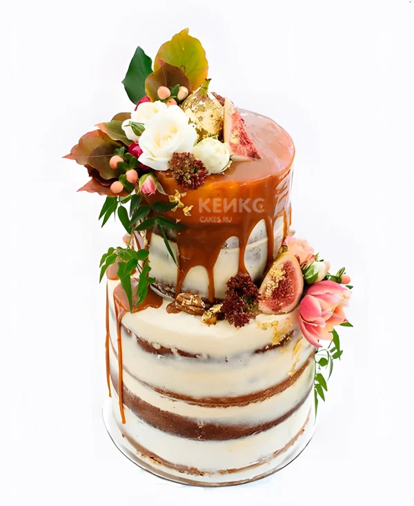 Торт осень с пышными цветами и инжиром Фото