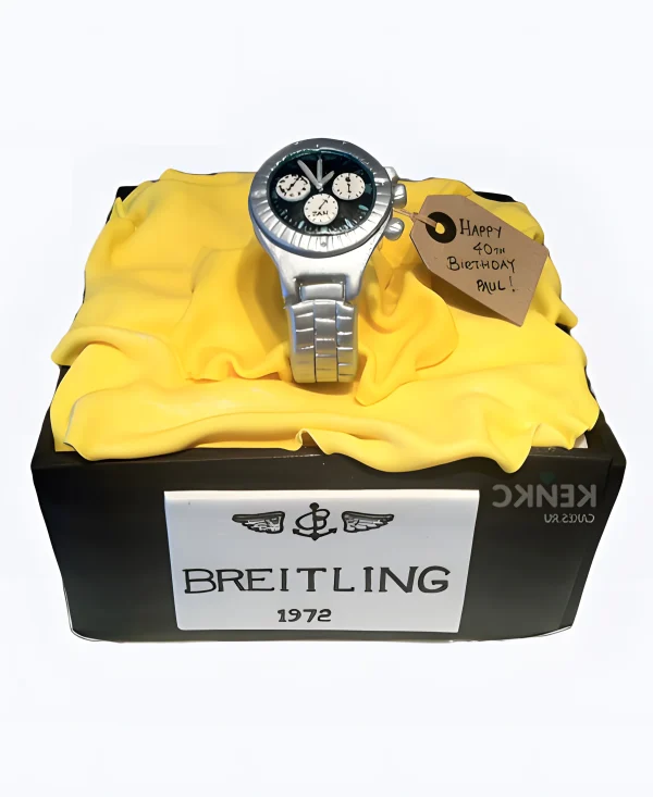Торт в виде коробки с часами с биркой для мужчины Фото