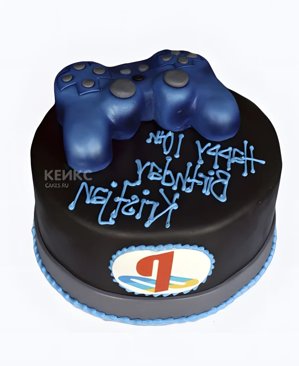 Черный торт с синим джойстиком и надписью Фото