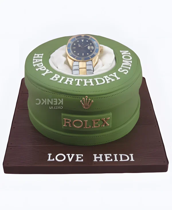 Торт в виде зеленой коробки с Ролексами Фото