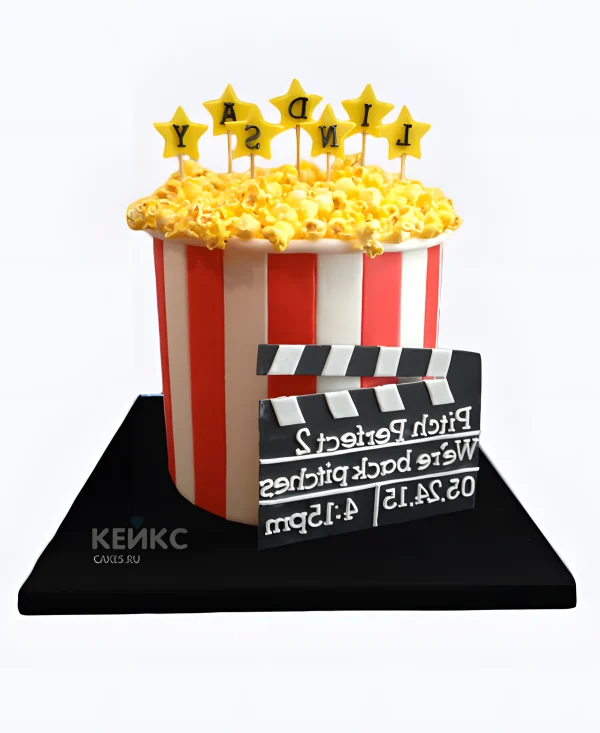 Торт в виде ведра с попкорном и надписью Фото