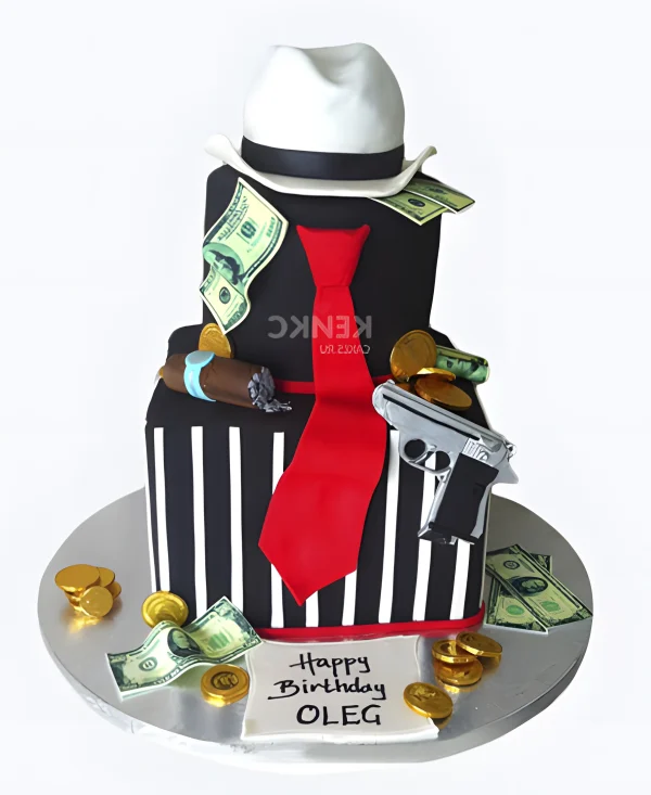 Торт черный с белой шляпой и деньгами Фото