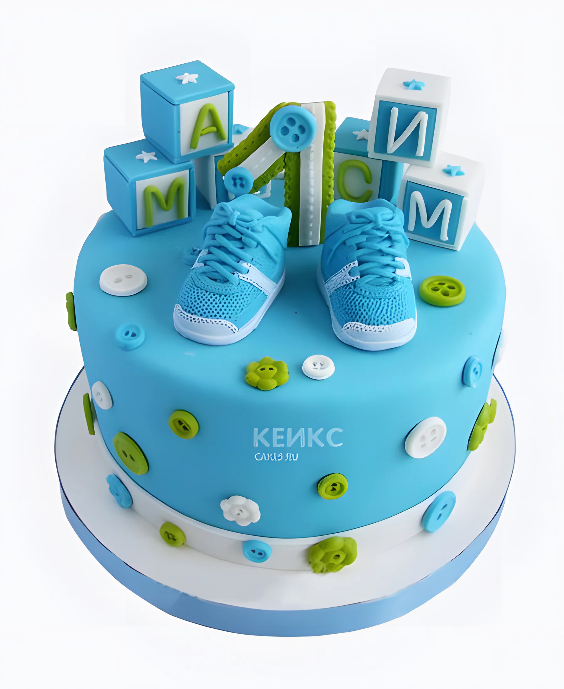 Торт голубой с кроссовками и кубиками Фото