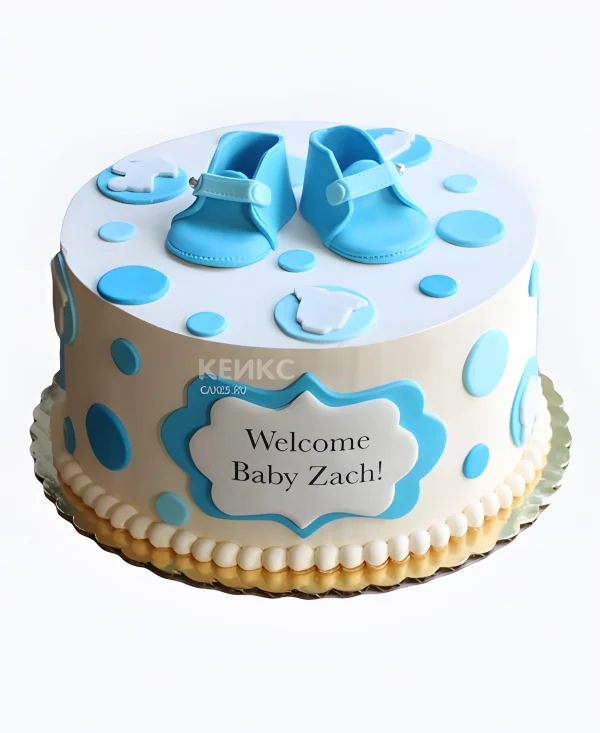 Голубой торт с пинетками для мальчика Фото