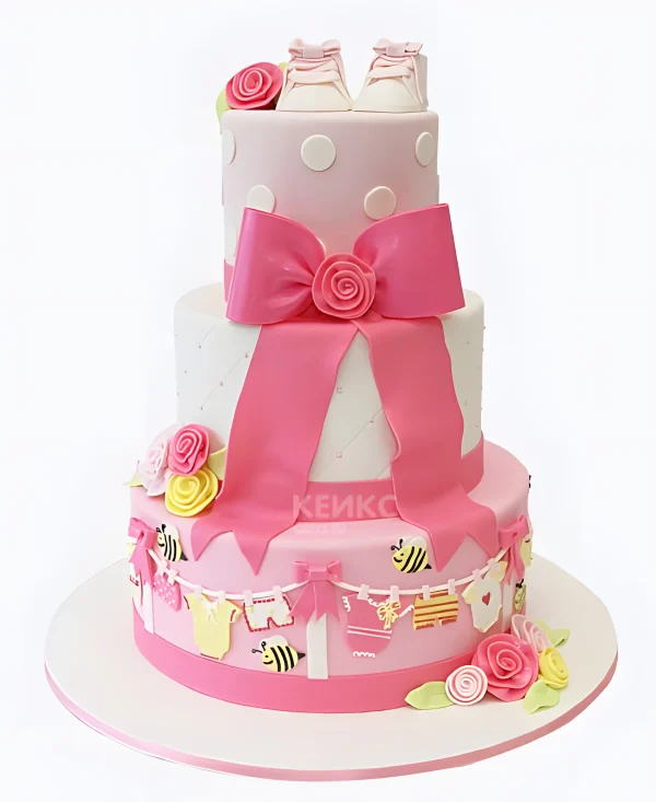 Торт с пчелами и большим розовым бантом Фото