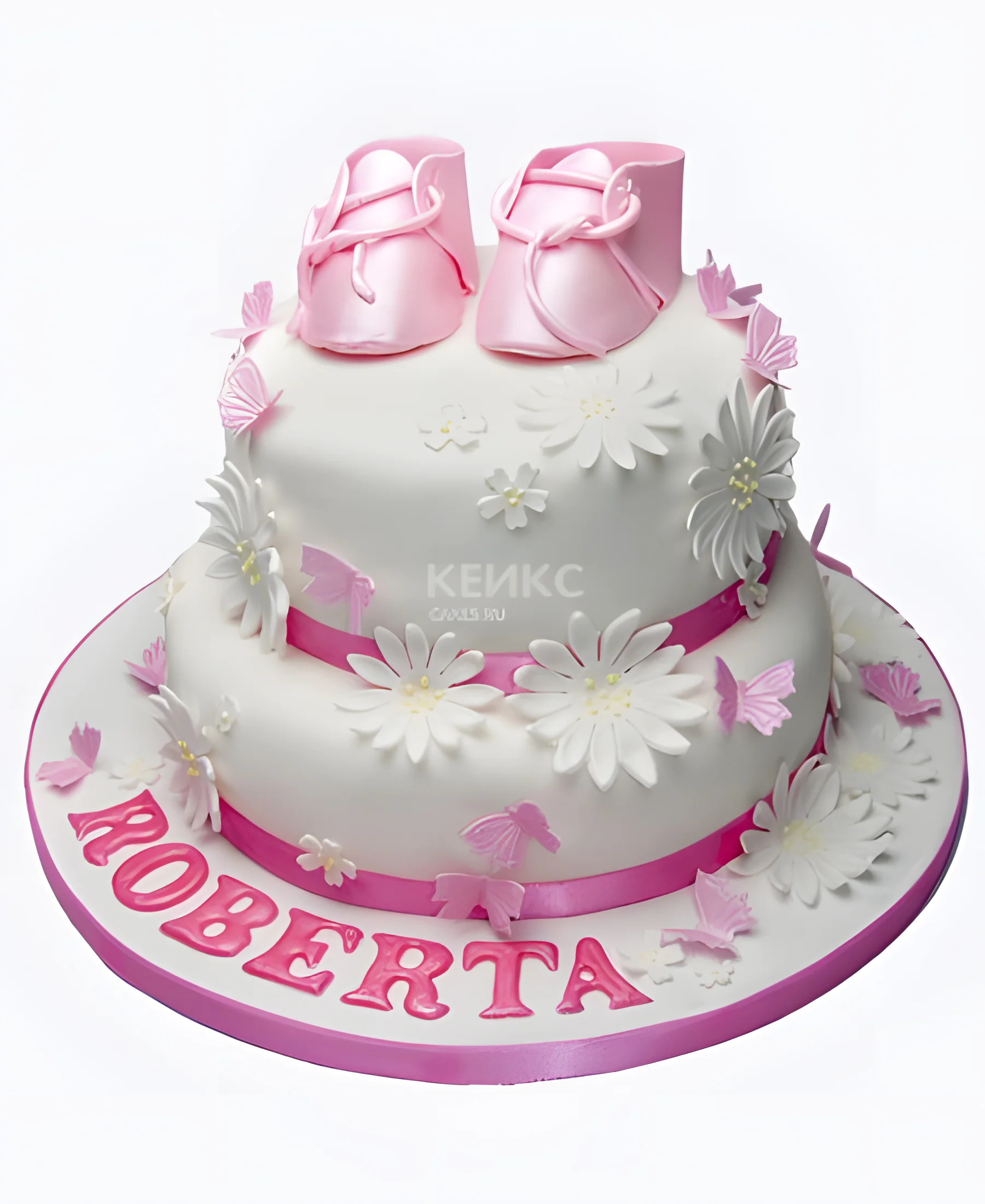 Розовый торт с пинетками на рождение девочки Фото