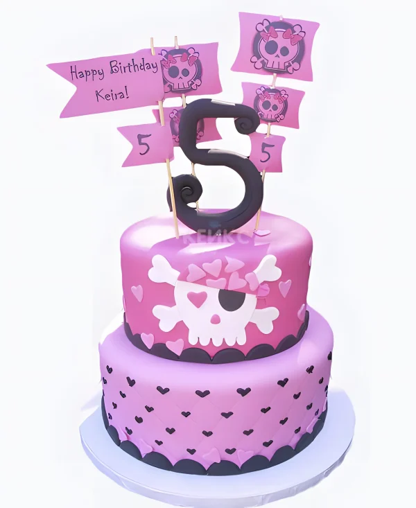 Яркий розовый торт с черепом и сердечками для пиратки Фото