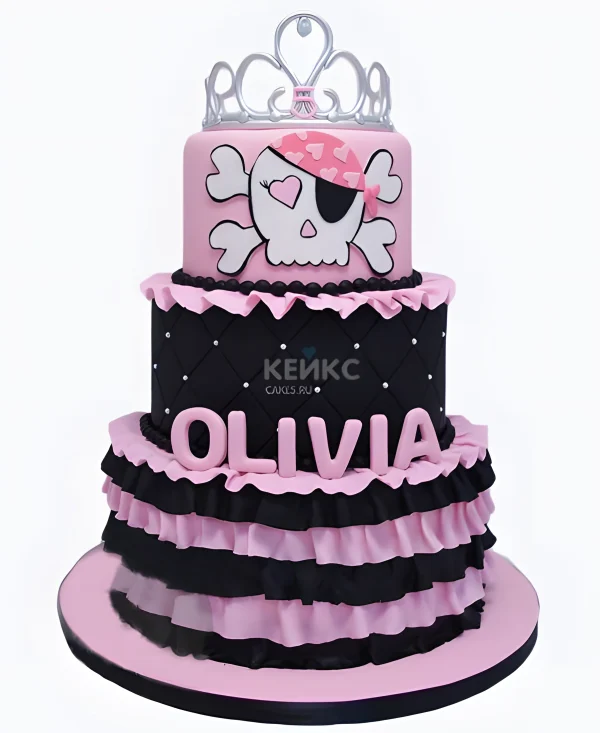 Черно-розовый торт с черепом и короной Фото