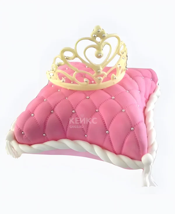 Торт 3D в виде объемной розовой подушки с короной Фото