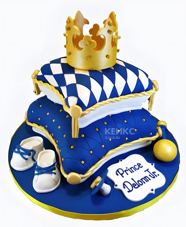 Торт с подушкой и короной в синих тонах Фото