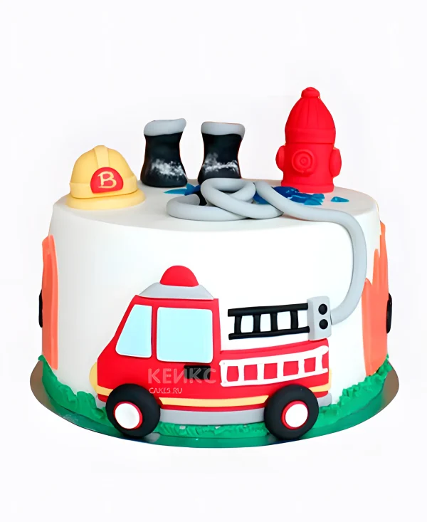 Детский торт с пожарной машиной Фото