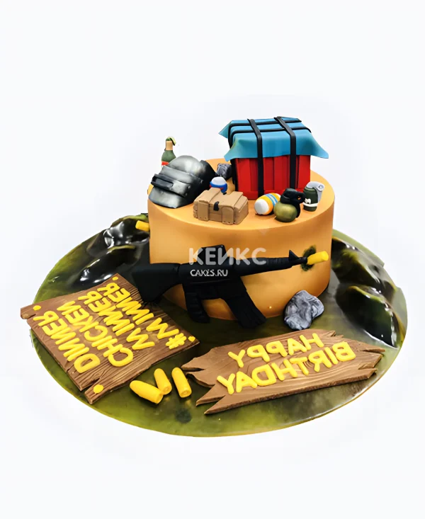Торт с оружием и желтой надписью  PUBG Фото