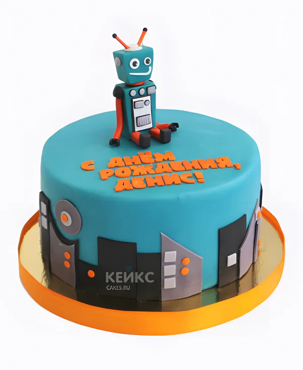 Торт с роботом на крыше города Фото