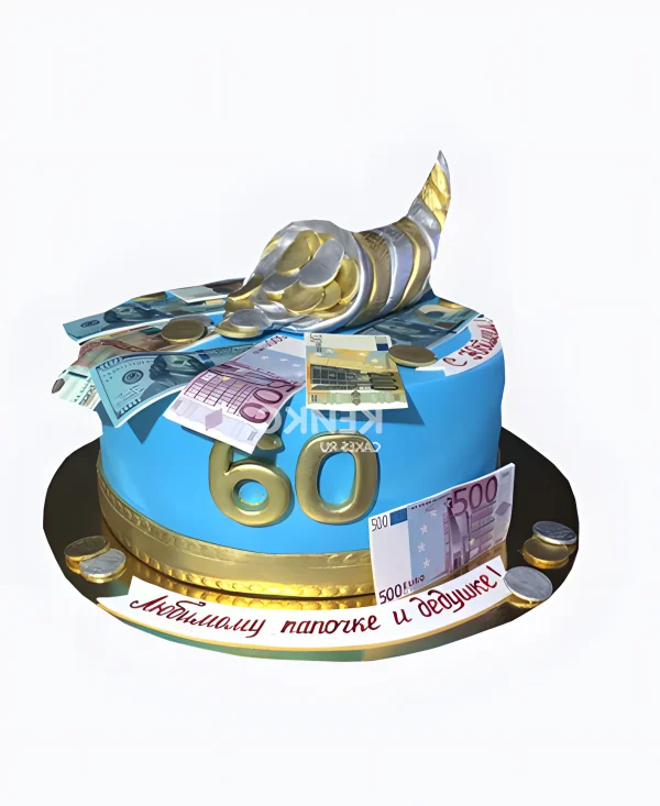 Яркий голубой торт с купюрами и золотой надписью Фото