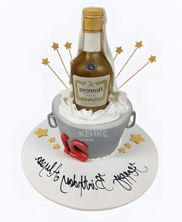 Торт с бутылкой коньяка и звездами Фото