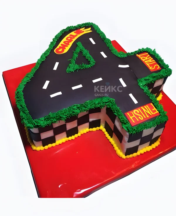 Торт 3D с гоночной дорогой в форме цифры 4 Фото