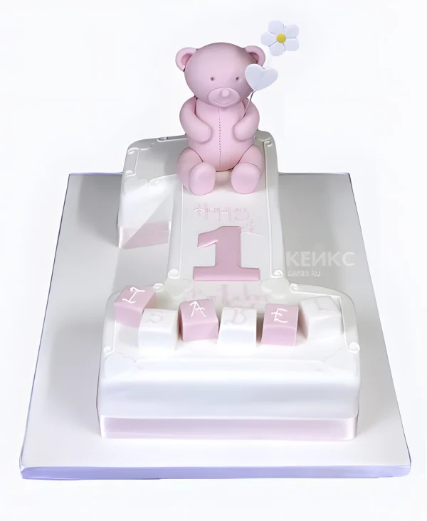 Торт с розовым медведем и ромашкой Фото