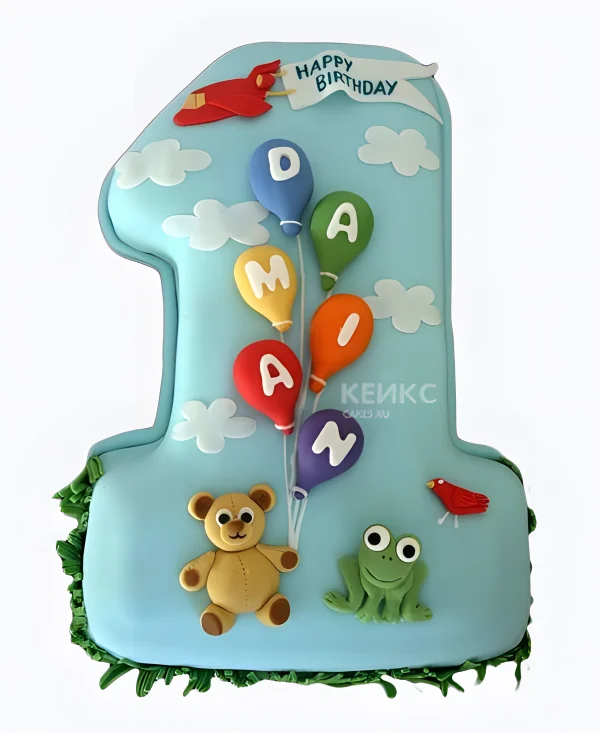 Голубой торт с животными и шарами Фото