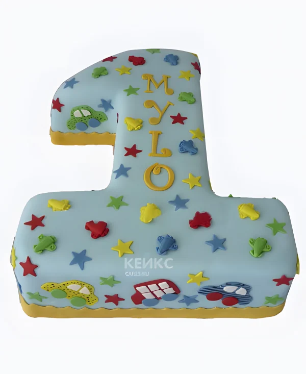 Торт голубой с машинками и фигурками Фото