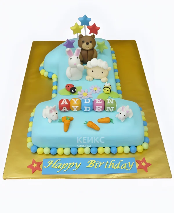 Торт в виде цифры с животными и кубиками Фото