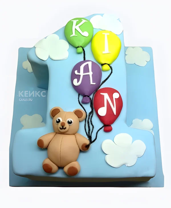 Торт голубой с медведем и разноцветными шарами Фото