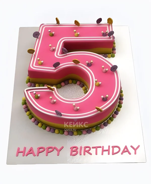 Розовый торт цифрой с фигурными украшениями Фото