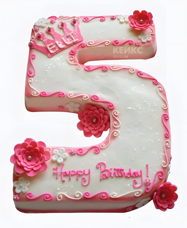 Торт в виде цифры 5 для девочки с розовыми цветами и короной Фото