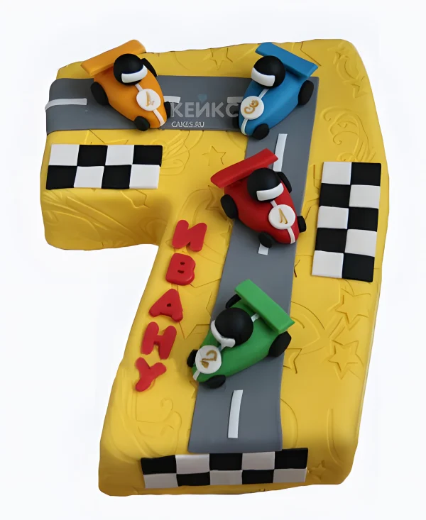 Торт с машинами и дорогой цифрой 7 для мальчика Фото