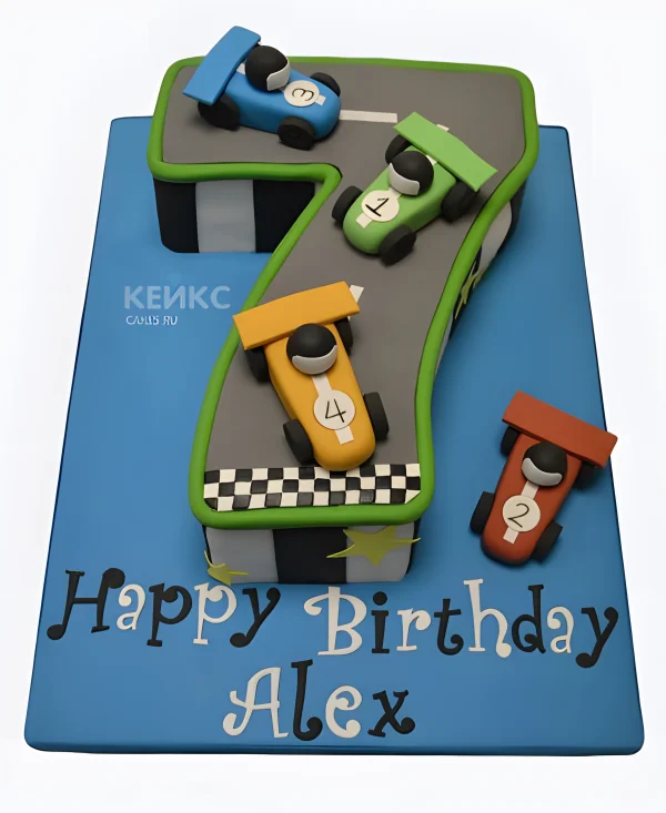 Торт с гоночными машинами и трассе в форме цифры 7 Фото