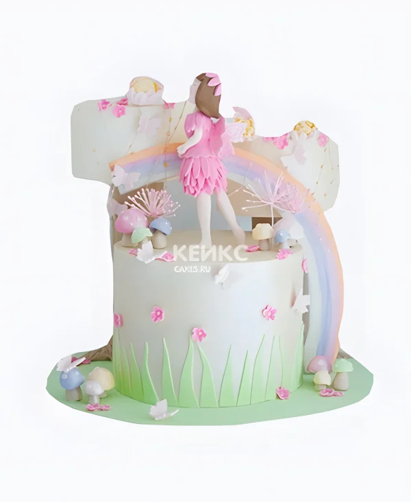Милый торт с радугой и мелкими розовыми цветами Фото
