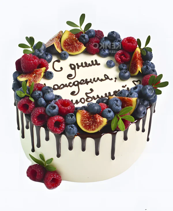 Торт с ягодами и поздравлением Фото